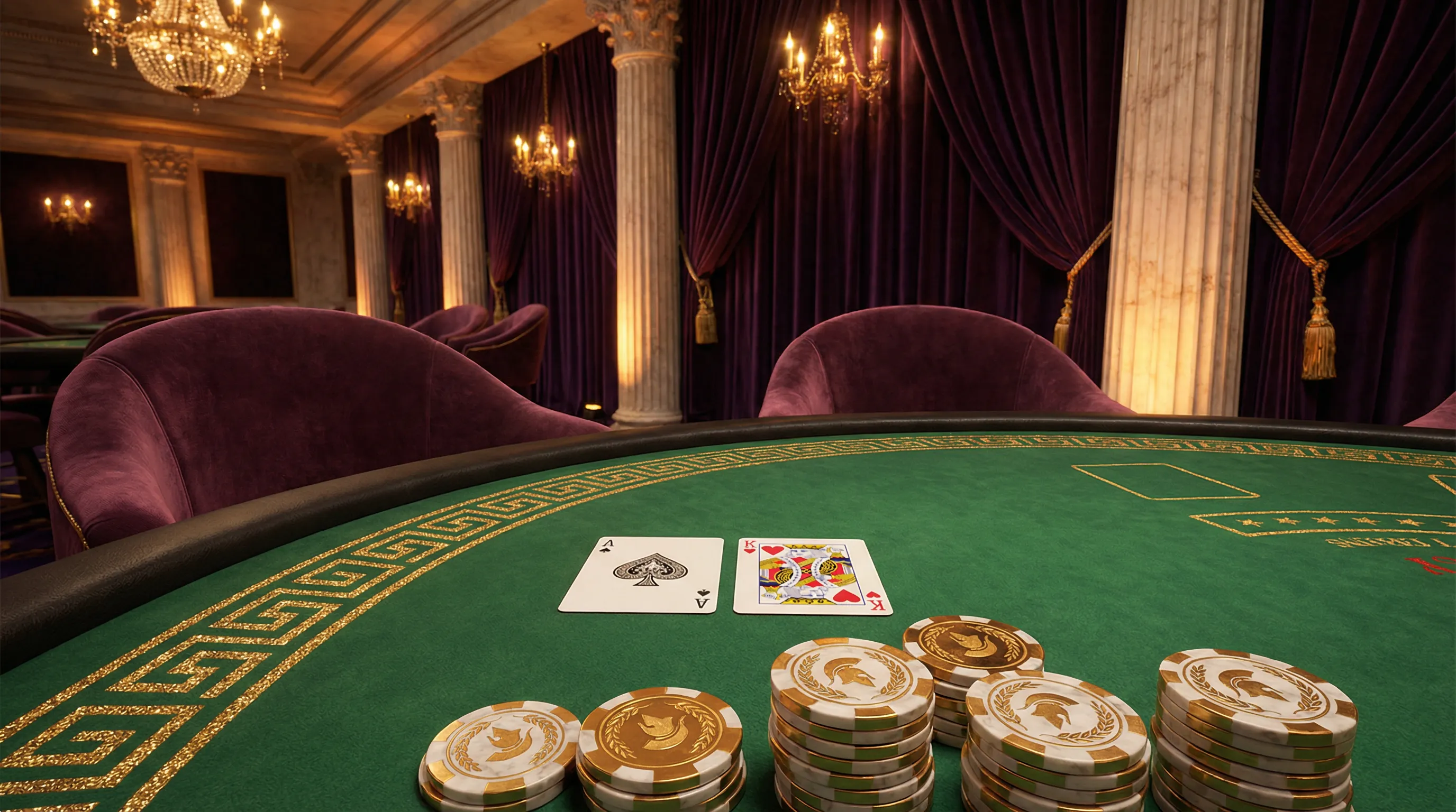 Mesa de blackjack elegante com cartas e fichas